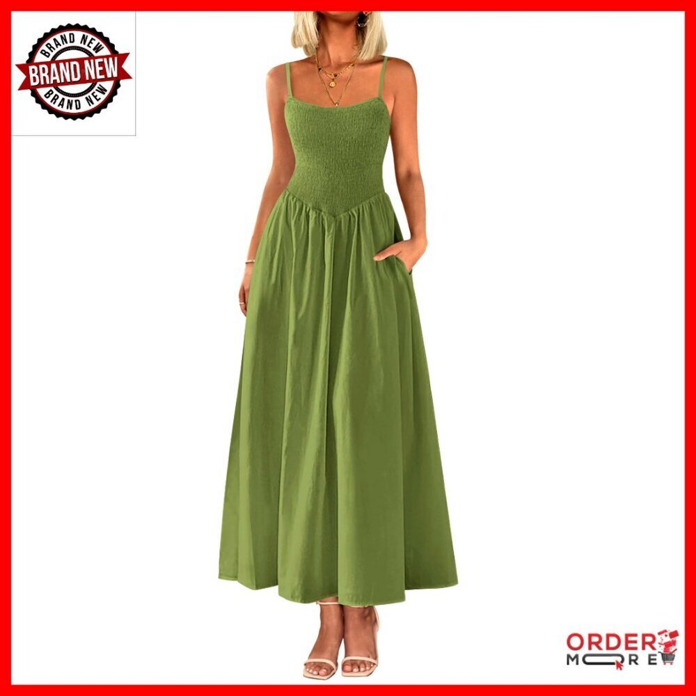 Smocked Maxi Sundress Spaghetti Strap A-Line Flowy Boho Beach Dress